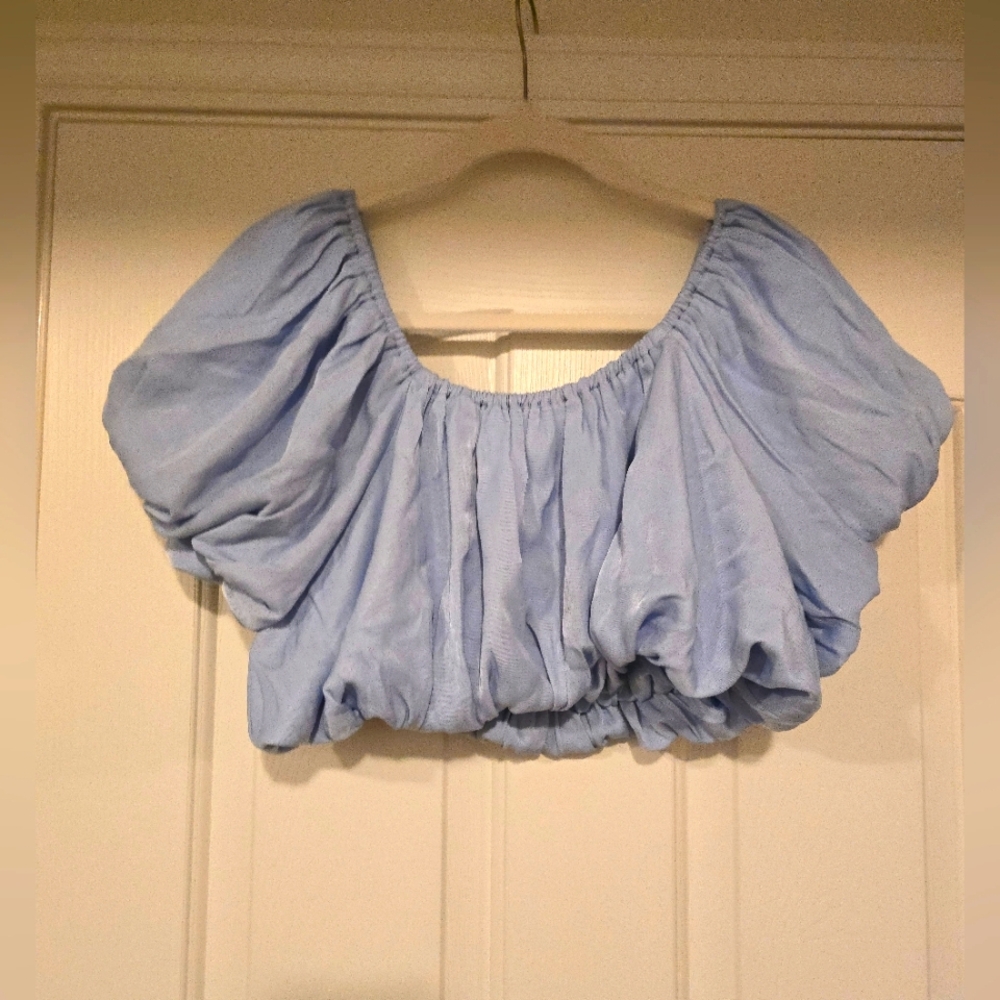 Beautiful Light Blue Women's Puff Sleeve Top With Shimmer Silk Fabric